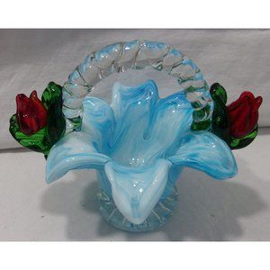 Glass Turquoise Blue Basket w/ Handle and Applied Red Roses 4 3/4"